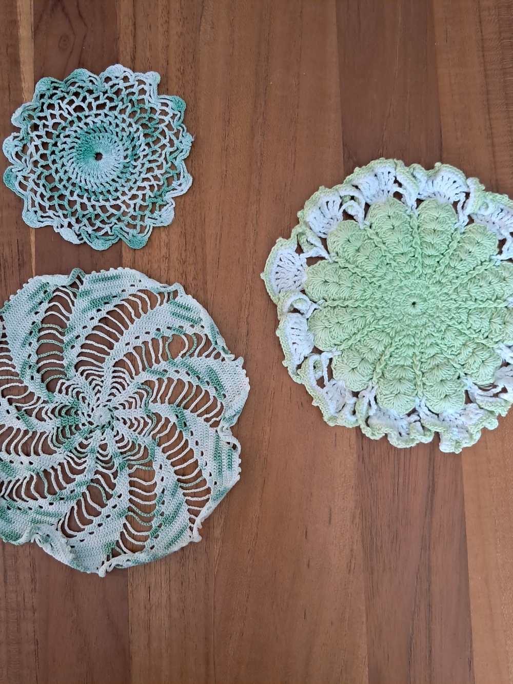 ​Vintage Crochet Doilies Lot of 3 - Green & White Variegated Handmade Lace